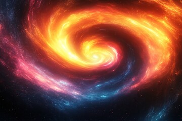 A fiery spiral galaxy with orange, red, and blue swirling gas and dust.