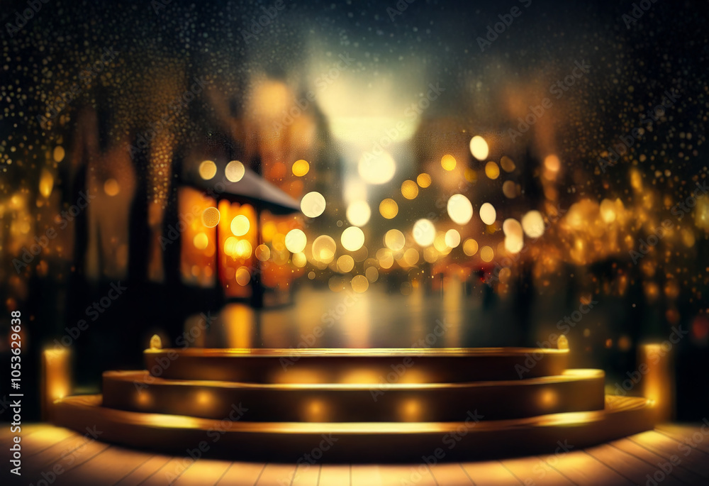 Poster a circular podium with three steps sits illuminated in the foreground, with a blurred background of 
