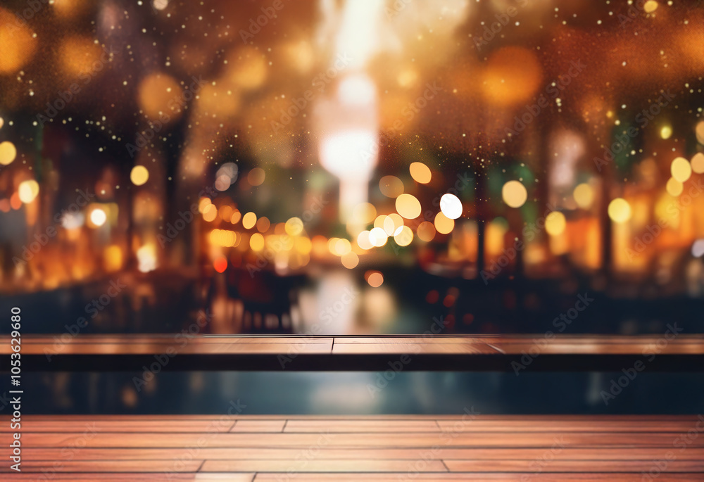 Poster a blurred image of a cityscape at night with string lights and a wooden platform in the foreground.