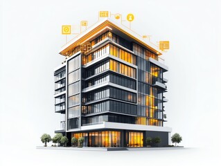 Infographic on luxury building, smart room technology, advanced features, clean and stylish design