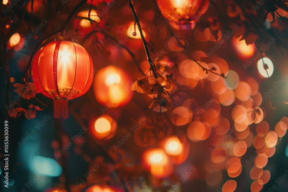 Poster a bunch of red lanterns hung from a tree branch, creating a warm and cozy atmosphere