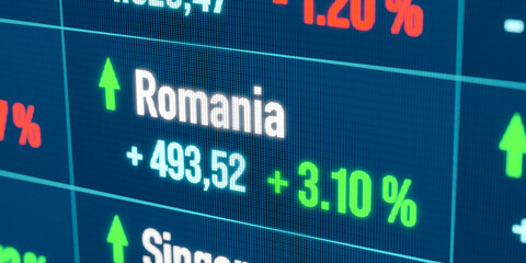 Fototapeta premium Romania rising stock market. Growth, positive trend, bull market, stock market rally, financial markets, success, business.