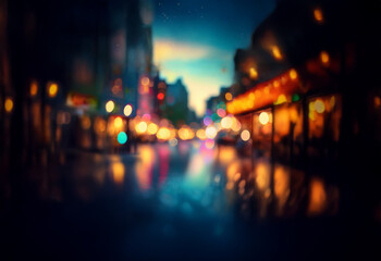 Fototapeta premium A blurred city street at night with colorful lights reflecting in the wet pavement.