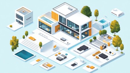 Luxury building technology, smart room features, clean infographic layout, sleek modern design