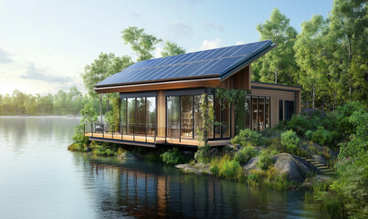 Obraz premium 3D rendering of an eco-friendly house on the shore, with solar panels and greenery around it. The exterior is made from wood planks, while inside there's sleek furniture and modern decor