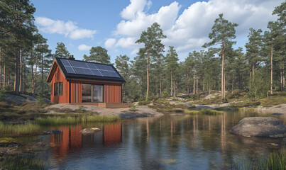 Obraz premium 3D rendering of an eco-friendly house on the shore, with solar panels and greenery around it. The exterior is made from wood planks, while inside there's sleek furniture and modern decor