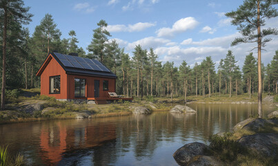 Fototapeta premium 3D rendering of an eco-friendly house on the shore, with solar panels and greenery around it. The exterior is made from wood planks, while inside there's sleek furniture and modern decor