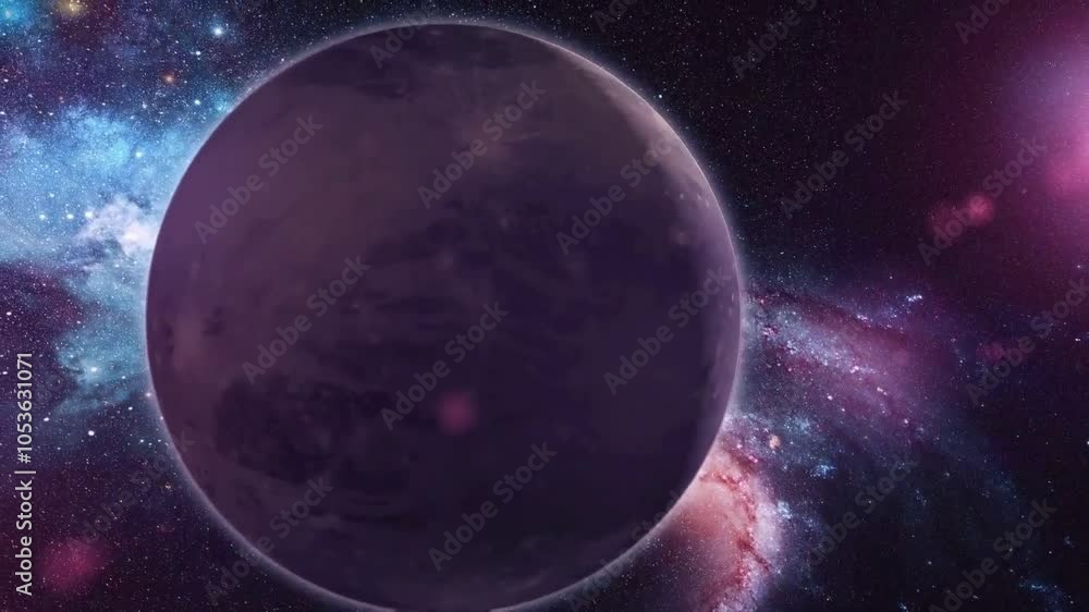 Poster pluto orbiting in outer space with the universe on background.
