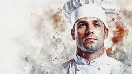 A chef in a crisp white uniform, focused on cooking