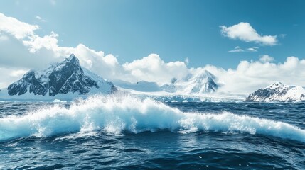 Melting Glaciers, Icebergs Calving into Serene Waters, Clear Blue Sky Above, Climate Change Impact, Nature's Dramatic Transformation
