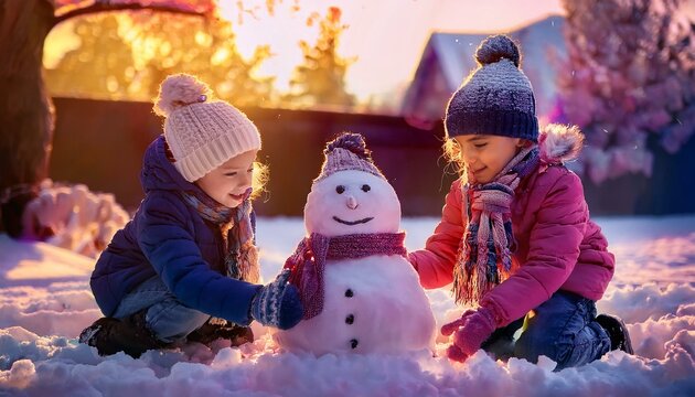 Children joyfully building a snowman in a snowy yard, surrounded by softly falling snowflakes, laughter echoing as they add a scarf and carrot nose, capturing the essence of winter fun