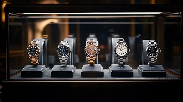 An exquisite watch collection presented in a glass case, illuminated by elegant lighting that draws attention to the fine details and craftsmanship of each piece