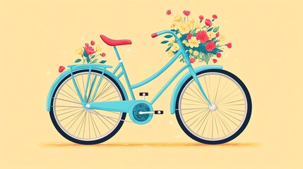 Fototapeta premium An illustration of a bicycle with flowers in the basket on a yellow background.