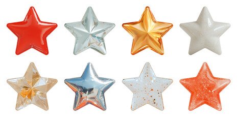 Set of 3D Realistic Star Ornaments for Party Celebrations in Metallic, Balloon, Marble, and Gemstone, Isolated on Transparent PNG Background