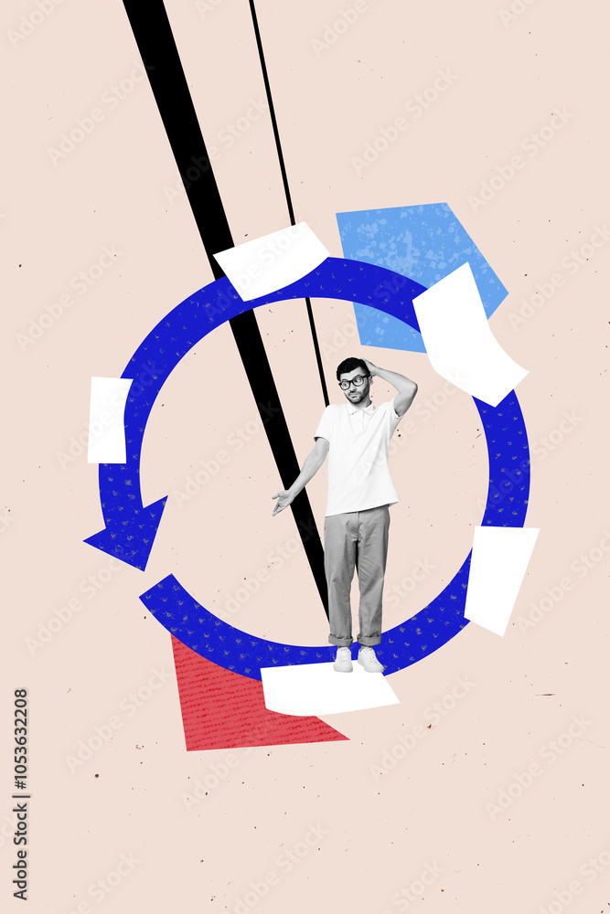 Poster vertical photo collage of puzzled man employee inside arrow cycle recession inexperienced problem is
