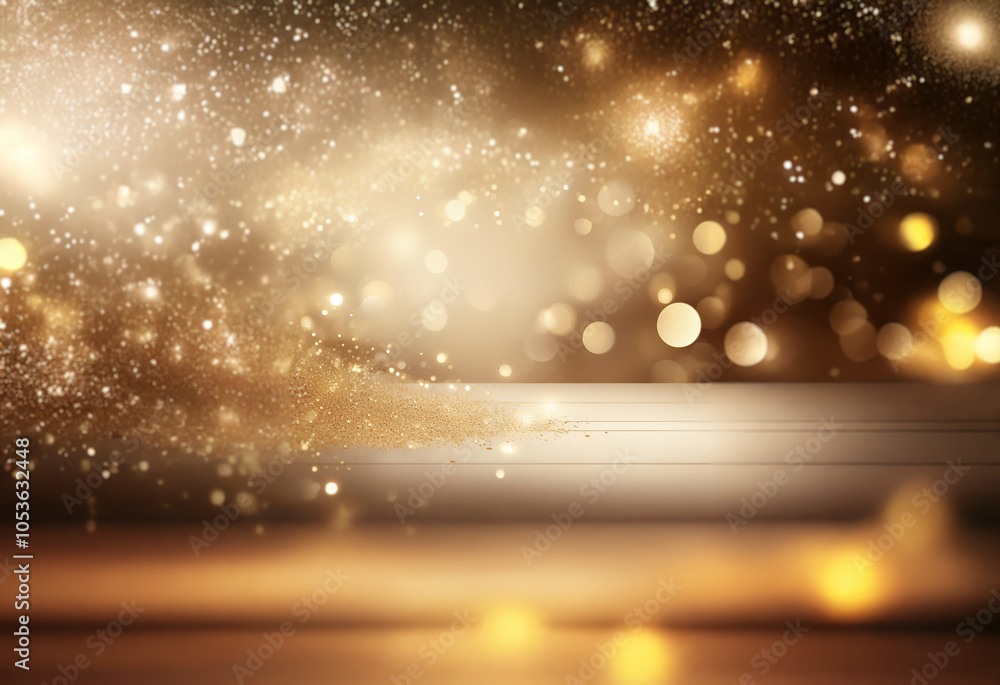 Poster a silver surface shines with a golden glow and sparkles. the background is a bokeh of out of focus l