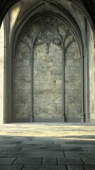 Fototapeta premium A gothic architectural interior featuring stone walls and arches with soft lighting.