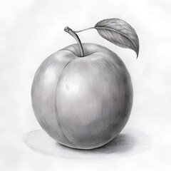 Stylized gray apple with smooth texture and a green leaf on a white background with copy space