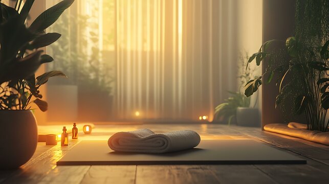 A minimalist yoga area showcasing a simple mat, a decorative blanket, and essential oils, with soft lighting creating a serene and inviting environment