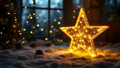 Large twinkling Christmas star ornament casting a magical glow, illuminating a dimly lit room filled with festive decorations, adding warmth and holiday charm.