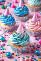 Delicious cupcakes topped with colorful frosting and sprinkles, perfect for parties or celebrations