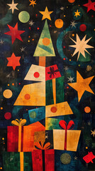 Whimsical abstract patterns inspired by Christmas traditions, featuring stars and gift shapes