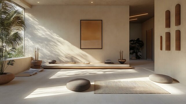 An inviting meditation area with a comfortable mat, incense sticks, and calming artwork on the walls, designed to create a soothing atmosphere for practice