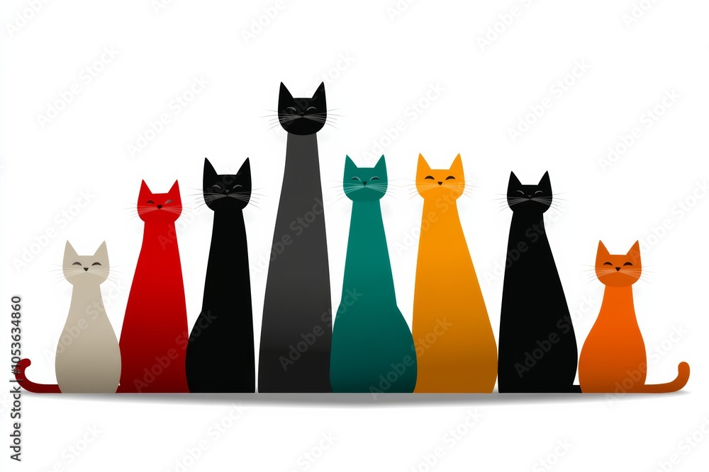 Poster group of cats are sitting on top of each other in a pyramid formation. simple drawing of cats stacke