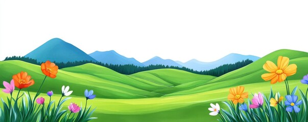 Rolling hills, wildflowers swaying in the breeze, watercolor style