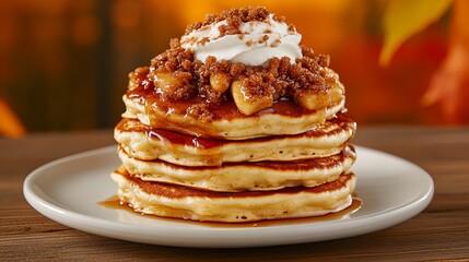 A stack of fluffy pancakes topped with apples, crumble, whipped cream, and syrup.