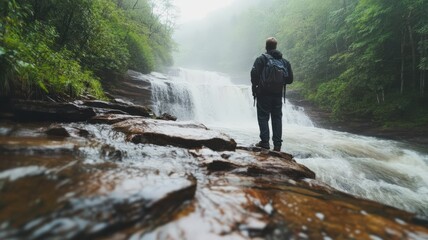 Fototapeta premium Misty Waterfall Majesty: Hiker pauses, captivated by nature's breathtaking cascade.