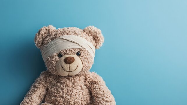 Teddy bear with a bandaged head placed on blue background