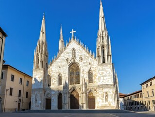 Naklejka premium A stunning gothic-style cathedral with tall spires against a clear blue sky.