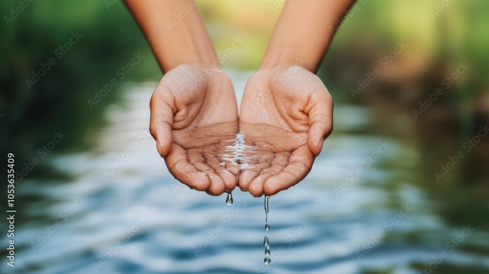 Poster hands cupping freshwater from a serene stream symbolizing the value and responsibility of preserving