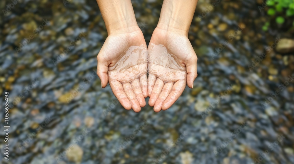 Poster hands gently cupping and holding clear flowing freshwater from a serene forest stream symbolizing th