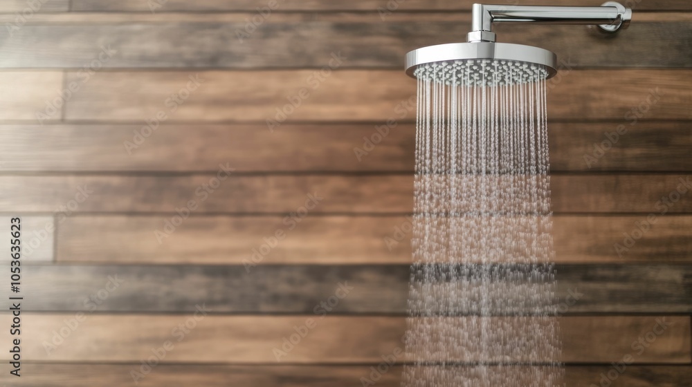 Poster close up view of a modern water efficient showerhead installed in a minimalist bathroom setting show