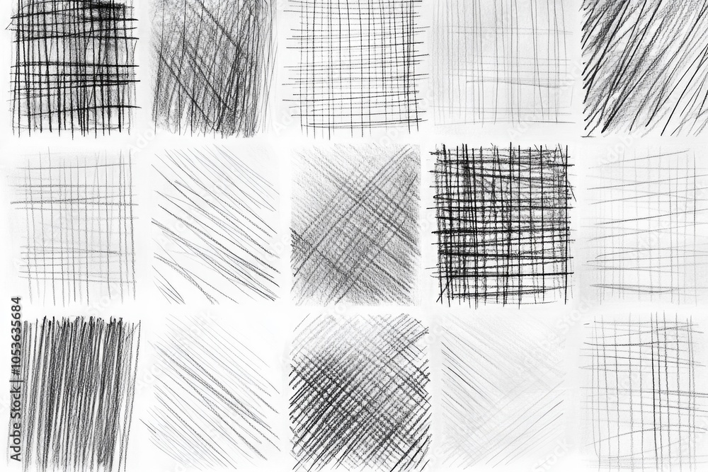 Poster a collection of different geometric patterns made up of black and white lines, useful for design and