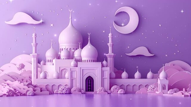 Islamic Ramadan greeting background with cute 3D mosque and Islamic crescent with purple color