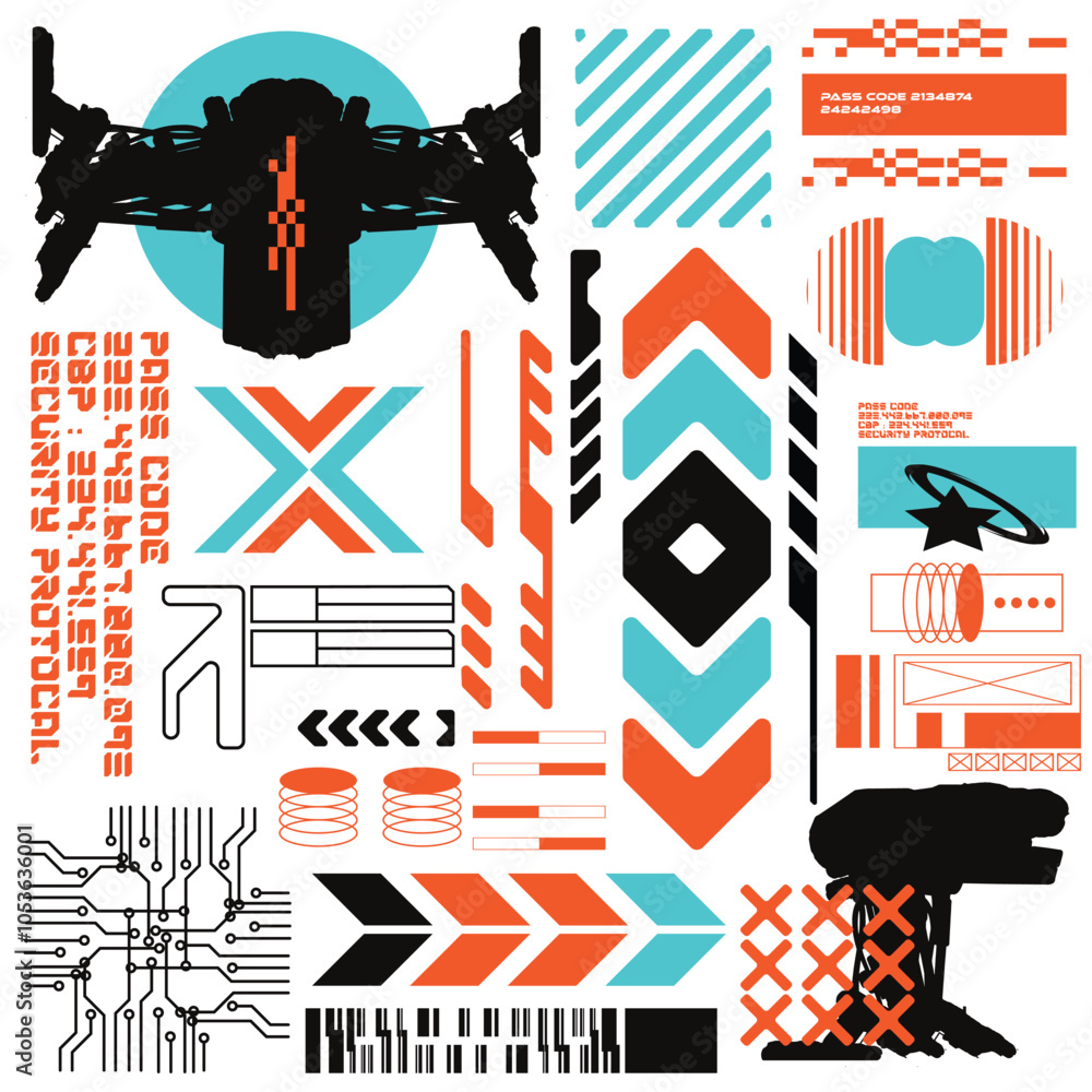 Poster robot cyberpunk y2k 2000s gaming futuristic icon pattern set collection template hud for branding fa