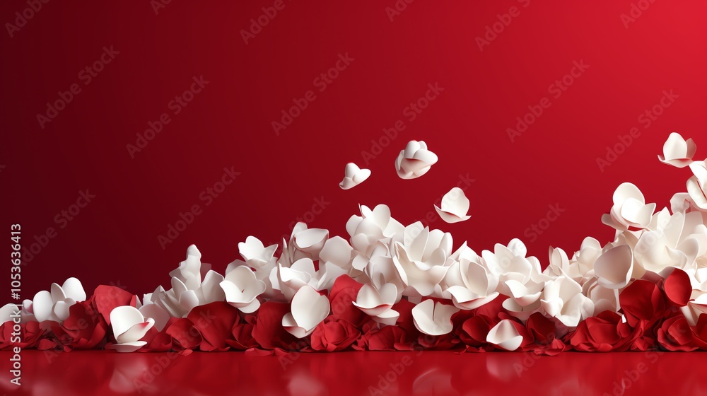 Poster white and red petals floating on a red background.