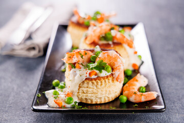 vol au vent,bouchee a la reine, puff pastry with cream, vegetables and shrimp