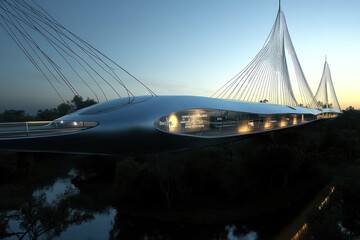 Naklejka premium A futuristic bridge design with sleek lines and illuminated features over a waterway.