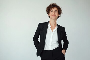 Androgynous Businesswoman Smiling in Studio. Middle-Aged Lady in Office Suit Standing Over White Background.