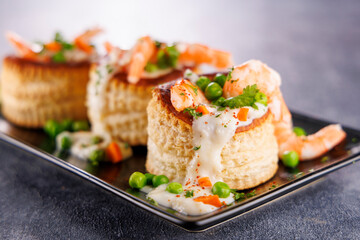 vol au vent,bouchee a la reine, puff pastry with cream, vegetables and shrimp