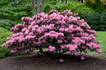 Azalea Bush in Beautiful Garden Landscape with Pink Flowers