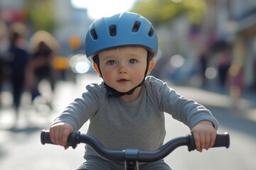 Obraz premium Balance Bike: Active Baby Boy Riding Blue Helmet on Street Background