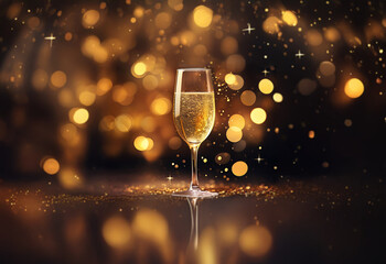A single glass of champagne sits on a sparkling surface, illuminated by a backdrop of warm, out-of-focus lights.