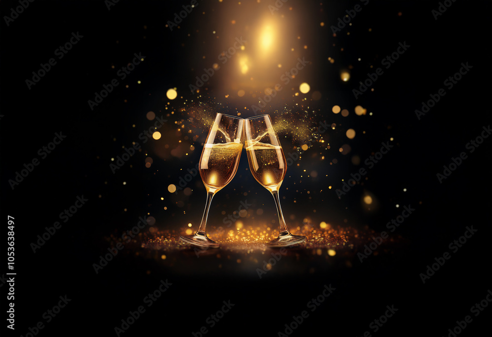 Poster two champagne flutes clink together, their golden contents sparkling against a dark background with 