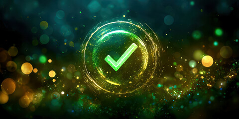 A green check mark is surrounded by a glowing, sparkling background