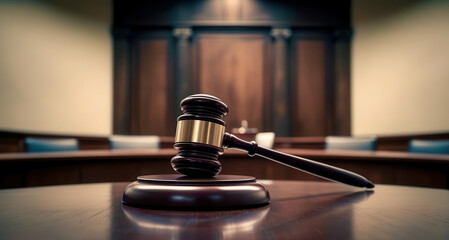 A wooden gavel sits on a table in a courtroom